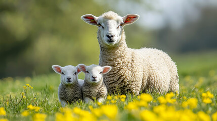 Obraz premium A ewe shares a peaceful moment with her twin lambs during spring in a green East Yorkshire pasture, captured in a wide landscape format
