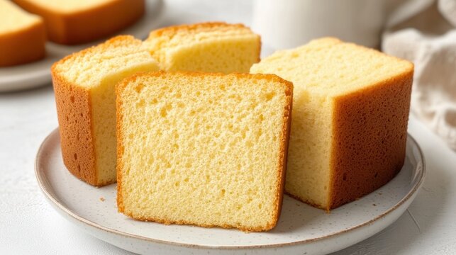 Castella sponge cake cut into equal pieces with soft texture on minimalist ceramic plate