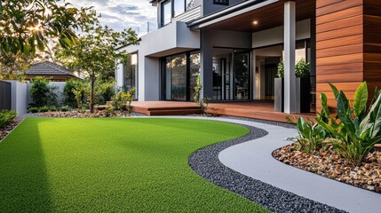 A modern Australian home showcasing a front yard with artificial grass.