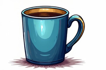 Colorful Illustration of a Teal Coffee Mug with Hot Coffee