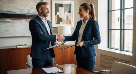 Business Professionals Shaking Hands in Office During Meeting