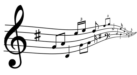 Musical notes flowing across a staff in a dynamic wave shape. Concept of music, rhythm, melody for creative design and art.