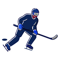 An ice hockey player in dark blue uniform, stick in hand, ready for action. Ideal for sports blogs, team websites, or articles on winter games.
