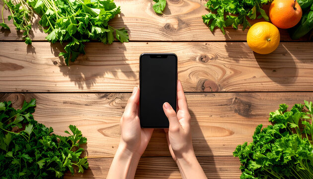 Top-down shot of a hand interacting with a phone on a wooden desk