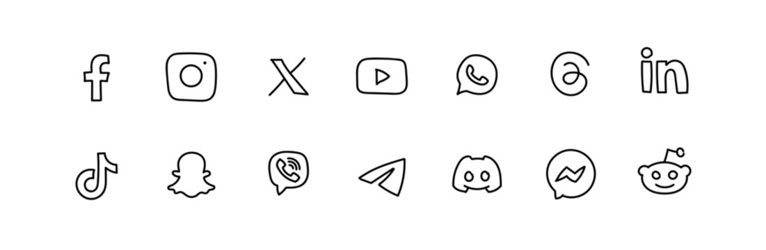 Doodle Social Media Logos. Hand drawn Instagram, Facebook, Reddit, Snapchat, X, Tik Tok, LinkedIn, YouTube, Telegram black line.
