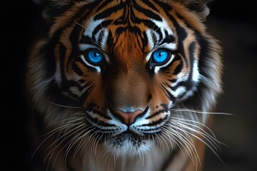 Fototapeta premium Majestic Blue-Eyed Tiger Staring Intently with Striking Whiskers and Fur Patterns