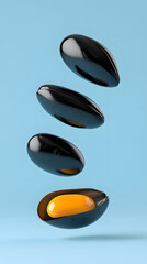 Floating black shell eggs with bright yellow yolks minimalist studio food photography clean design creative concept