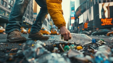 Urban cleanup effort: man collecting plastic bottles on busy city streets