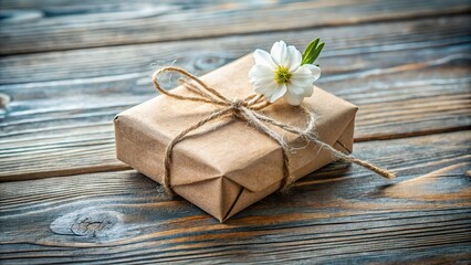 Fototapeta premium Rustic Gift Box with White Flower on Wooden Tabletop