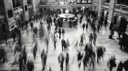 Lively scene of busy stock exchange floor with motion blur capturing urban energy