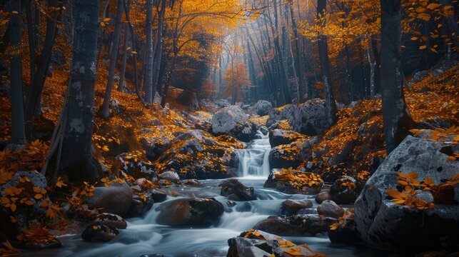 Tranquil autumn forest scene with flowing river and vibrant yellow leaves - Powered by Adobe