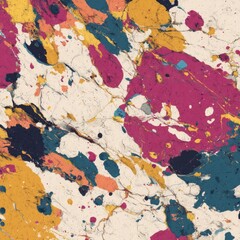 Abstract art with vibrant paint splatters and streaks on a textured background
