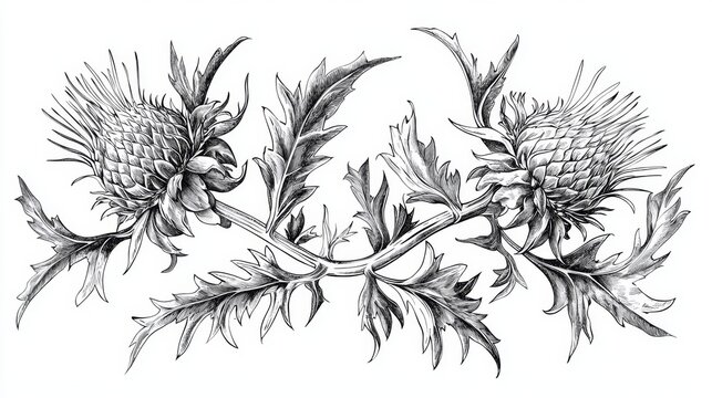 Delicate line sketch of a Scottish thistle for print design.