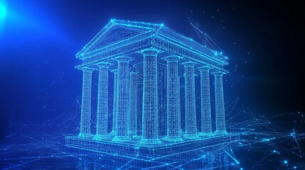 Futuristic digital banking icon depicting a building with columns.
