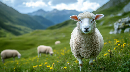 Fototapeta premium Sheep roam and graze freely across lush alpine farmland, with a close-up view of one feeding on the grass