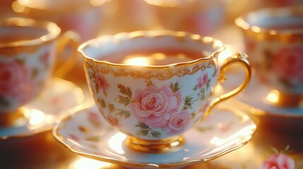 Delicate Tea Cup Set with Floral Design Porcelain Cups Warm Light and Soft Focus Artistic Image