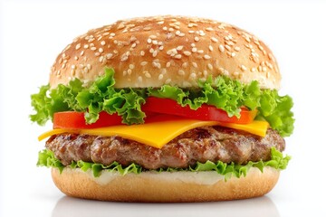 Juicy grilled beef patty topped with fresh lettuce, tomato, and melted cheese in a sesame seed bun served on a clean white background