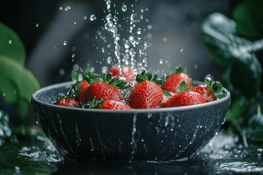 A ceramic bowl cradling ruby-red strawberries beneath a stream of running water,, created by ai