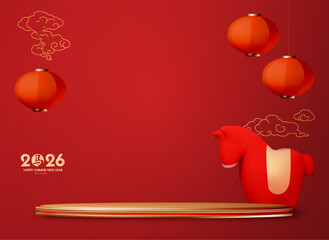 Happy 2026 Chinese New Year, Year of the Horse! Lunar calendar holiday 3D design with cute horse and empty scene. Chinese text means "Horse". Season offer