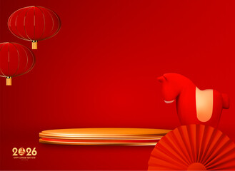 Happy 2026 Chinese New Year, Year of the Horse! Lunar calendar holiday 3D design with cute horse and empty scene. Chinese text means "Horse". Season offer