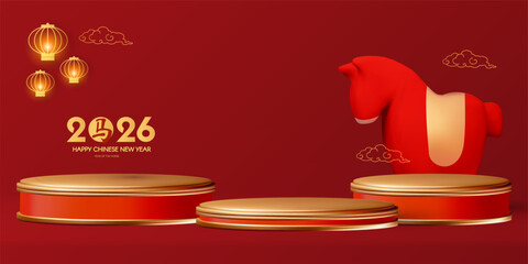 Happy 2026 Chinese New Year, Year of the Horse! Lunar calendar holiday 3D design with cute horse and empty scene. Chinese text means "Horse". Season offer