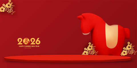 Happy 2026 Chinese New Year, Year of the Horse! Lunar calendar holiday 3D design with cute horse and empty scene. Chinese text means "Horse". Season offer