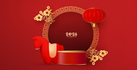Happy 2026 Chinese New Year, Year of the Horse! Lunar calendar holiday 3D design with cute horse and empty scene. Chinese text means "Horse". Season offer