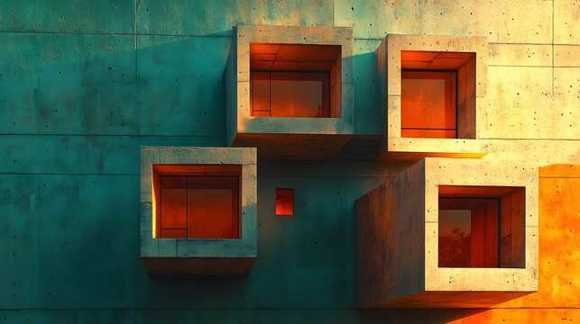 Old wooden window frames adorn a yellow wall, creating a rustic exterior design on an aged building
