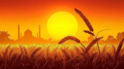 Scenic view of a wheat field bathed in sunrise light, celebrating Vaisakhi.