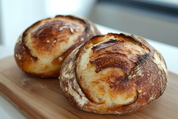 Golden crust artisan sourdough bread loaves on wooden board, showcasing rustic texture and homemade baking warmth
