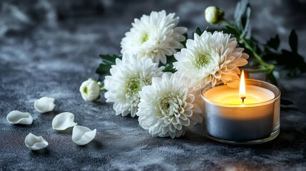 Peaceful arrangement illustrating condolence themes through light and floral symbolism.