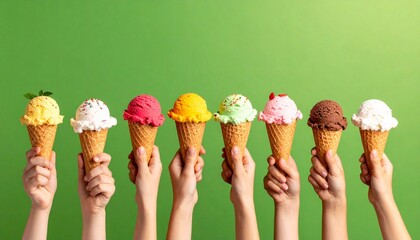 Children's hands holding colorful ice cream on a green background