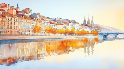 Serene reflection of the Saône River in Lyon, France.