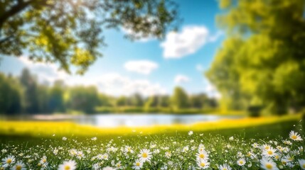 Lovely chamomile flowers blooming under a clear blue sky.