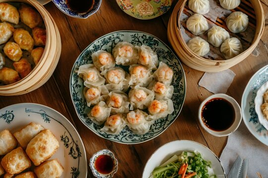 An abundant dim sum spread with bamboo steamers brimming with shrimp dumplings, tender pork buns, and golden spring rolls, accompanied by soy sauce,  created by ai