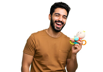Happy Father with Baby Toy Rattle Laughing Joyfully