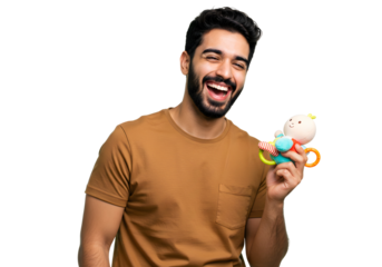 Happy Father with Baby Toy Rattle Laughing Joyfully