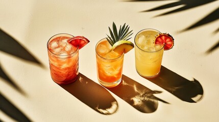 Refreshing drinks with ice cubes contrasting an off-white background.