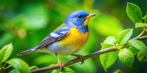 Obraz premium Vibrant Blue and Yellow Bird Perched on Branch with Fresh Green Leaves
