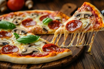 On a wooden surface lies a hot pizza topped with pepperoni slices and mushrooms under a layer of stretchy melted cheese,  created by ai