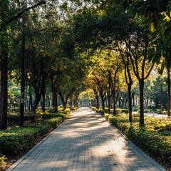 Sunlit path through a lush tree-lined park