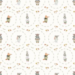 Watercolor Forest Animals Seamless Pattern Background