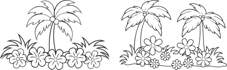 Set of Palm Tree and Botanical Flowers Combination Line Art Vector Design | Tropical Floral Hand-Drawn Illustration