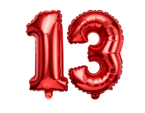Glossy Red Number 13 Foil Balloons with Disco Party Light Reflections, isolated on transparent background
