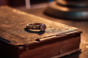 Antique book, ring sit so quietly