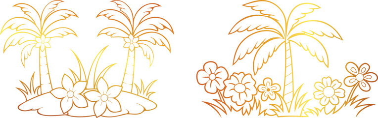 Golden Palm Tree and Botanical Flowers Line Art Vector Set | Elegant Tropical Floral Outline Design