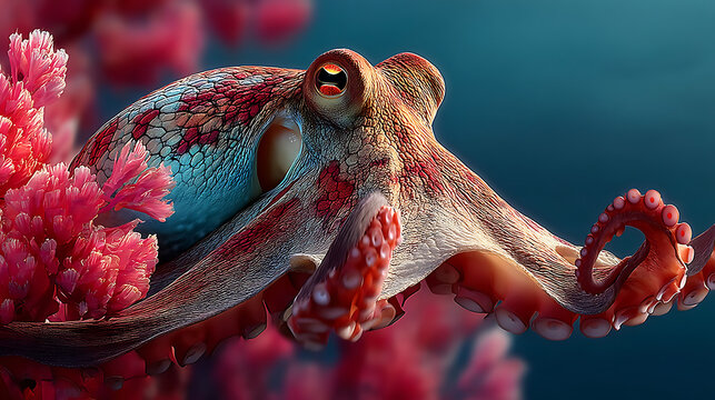 3d octopus in the Deep Sea Blue underwater coral reef.