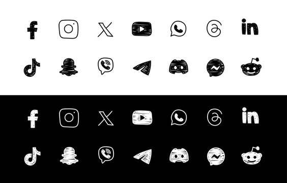 Doodle Social Media Logos. Hand drawn Instagram, Facebook, Reddit, Snapchat, X, Tik Tok, LinkedIn, YouTube, Telegram,