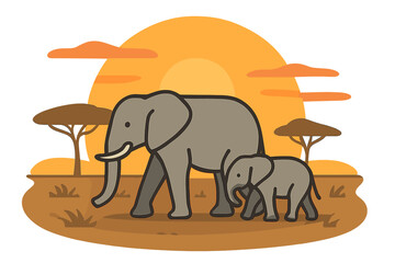 Elephants walking peacefully under a sunset in the African savanna with a warm orange glow in the background
