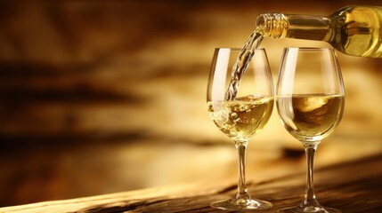 Two elegant wine glasses on a rustic wooden surface, pale-yellow white wine being poured from a bottle into the left glass, creating gentle ripples and a splash, right glass partially filled with the 
